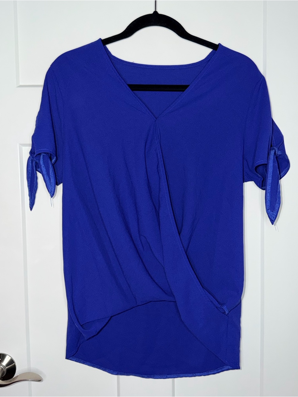 Cobalt Split Sleeve Short Sleeve High Low Surplice Blouse
